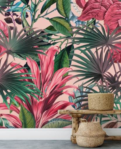 papel de parede da selva de folhas rosa e verdes papel de parede da selva de folhas rosa e verdes