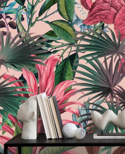 papier peint jungle feuilles roses et vertes