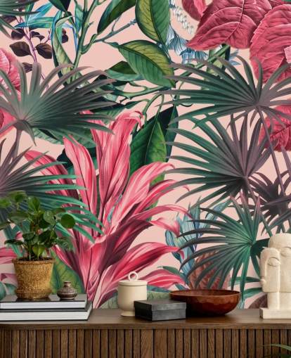 papel de parede da selva de folhas rosa e verdes