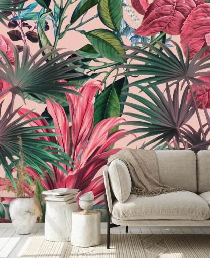 papel pintado hojas rosa y verde selva