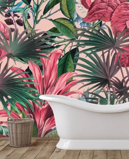 papier peint jungle feuilles roses et vertes