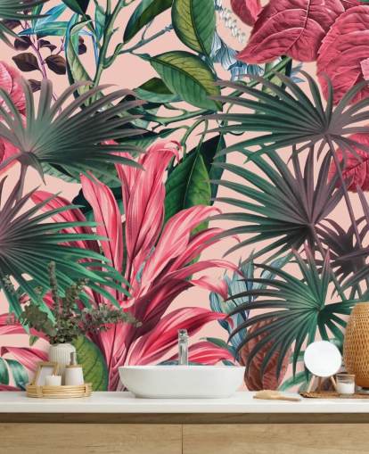 pink and green leaves jungle wallpaper