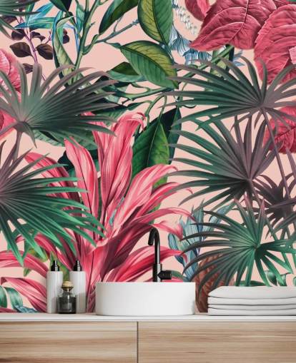 papel pintado hojas rosa y verde selva