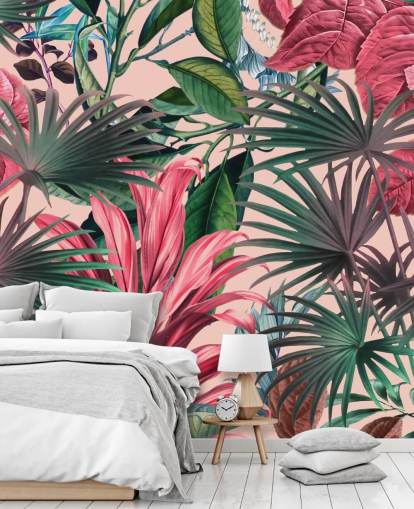 pink and green leaves jungle wallpaper