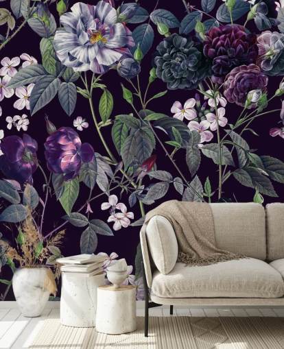 donkerpaars bloemenbehang