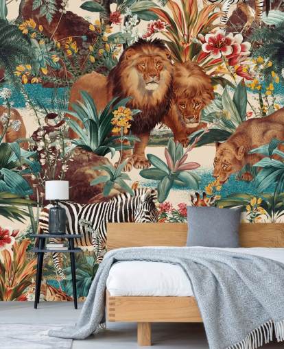 safari animals and tropical plants wallpaper