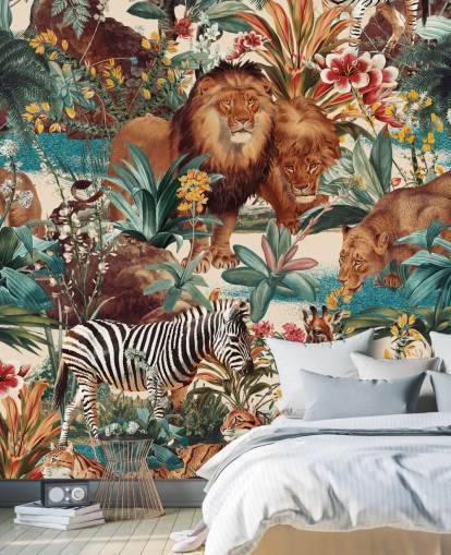 carta da parati con animali safari e piante tropicali