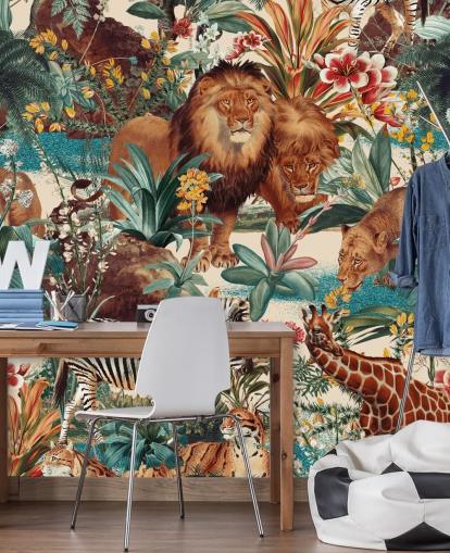safari animals and tropical plants wallpaper