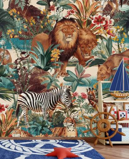 safari animals and tropical plants wallpaper