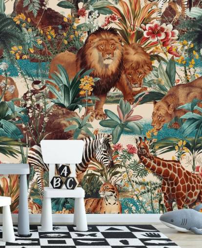 animais safári e plantas tropicais papel de parede