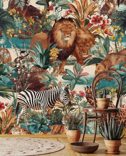 safari dyr og tropiske planter tapet