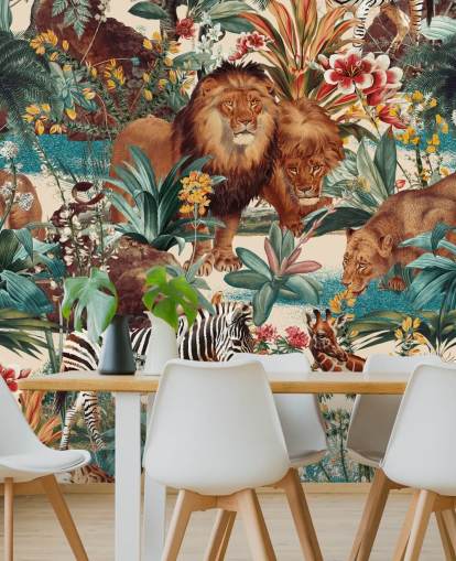 safari animals and tropical plants wallpaper