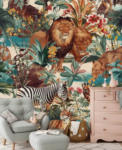 safari animals and tropical plants wallpaper