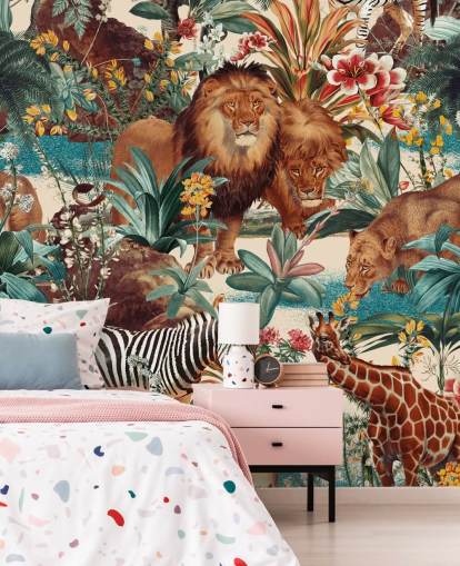 carta da parati con animali safari e piante tropicali