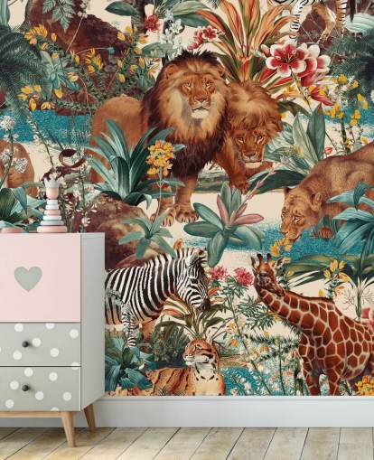 safari animals and tropical plants wallpaper