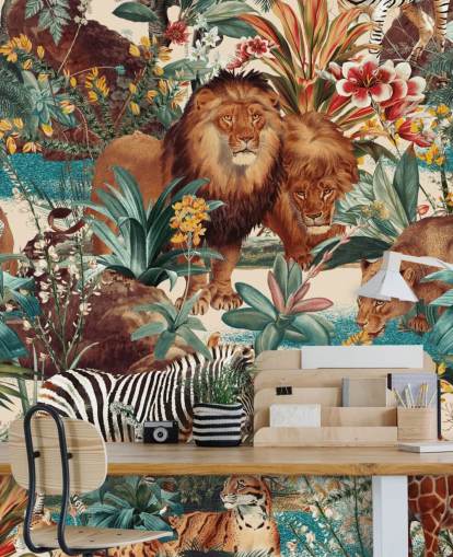 carta da parati con animali safari e piante tropicali