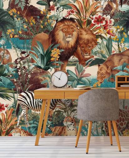 safari dyr og tropiske planter tapet