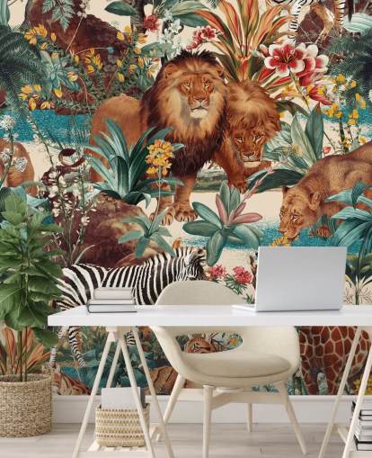 safari animals and tropical plants wallpaper
