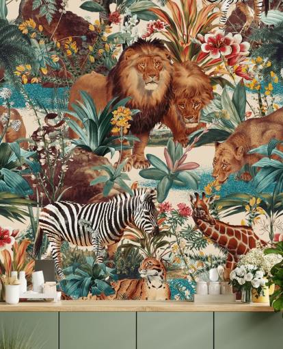 safari animals and tropical plants wallpaper