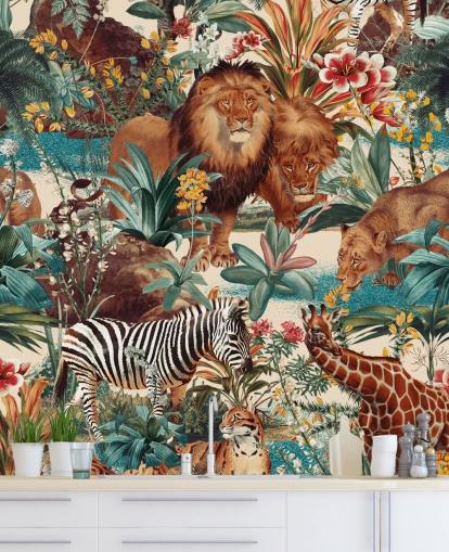 Safari Tiere und tropische Pflanzen Wallpaper