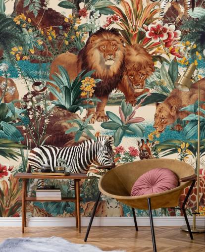 Safari Tiere und tropische Pflanzen Wallpaper
