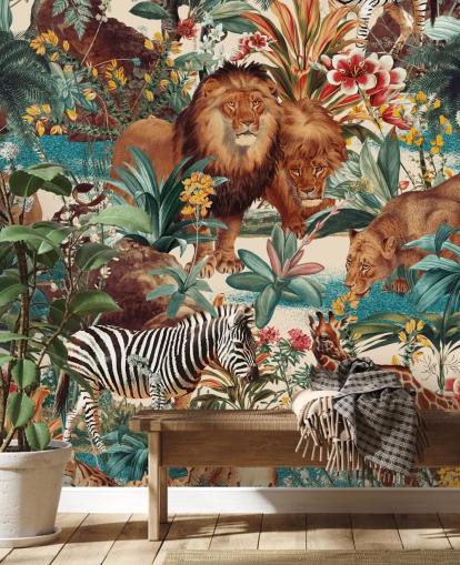 carta da parati con animali safari e piante tropicali
