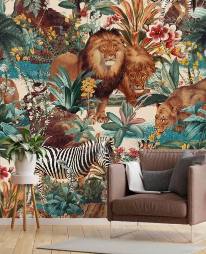 animais safári e plantas tropicais papel de parede animais safári e plantas tropicais papel de parede