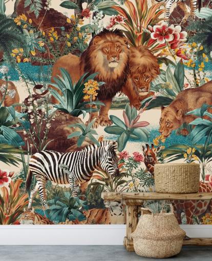 animaux de safari et plantes tropicales fond d'écran