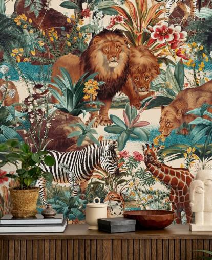 carta da parati con animali safari e piante tropicali