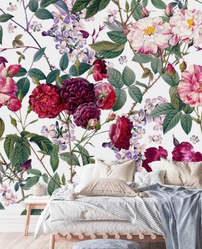 rosas e folhas no fundo branco papel de parede