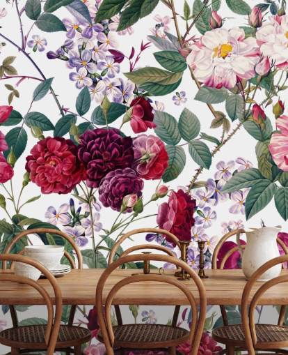 rosas e folhas no fundo branco papel de parede