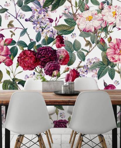 papel pintado de rosas y hojas sobre fondo blanco