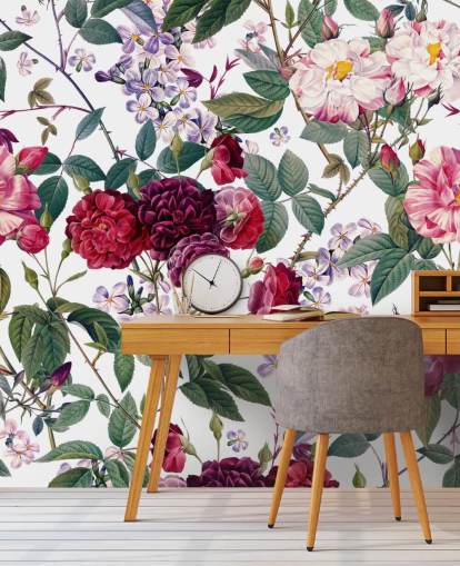 papel pintado de rosas y hojas sobre fondo blanco