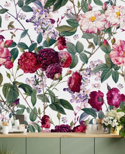 papel pintado de rosas y hojas sobre fondo blanco