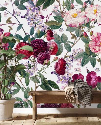 rozen en bladeren op witte achtergrond behang