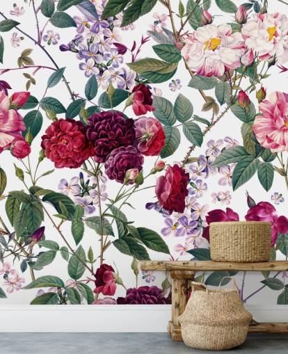 rosas e folhas no fundo branco papel de parede