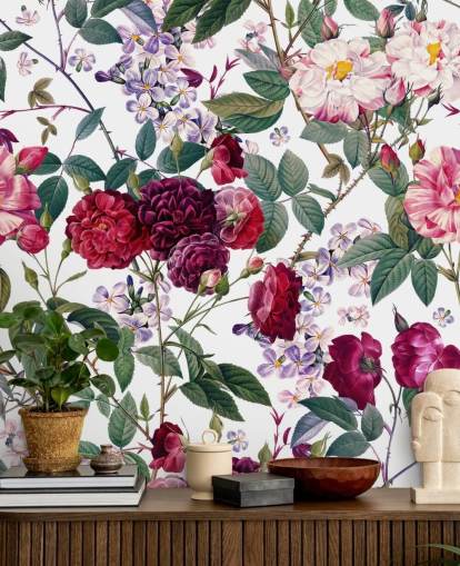 rozen en bladeren op witte achtergrond behang