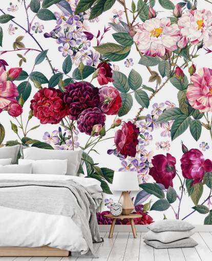 rosas e folhas no fundo branco papel de parede