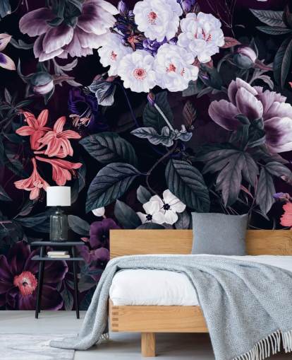 papel pintado de flores de color púrpura oscuro con reflejos blancos