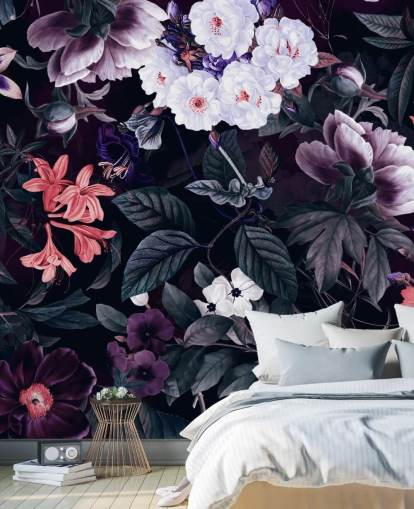 fleurs violet foncé avec des reflets blancs papier peint