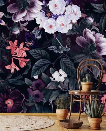 carta da parati con fiori viola scuro con riflessi bianchi