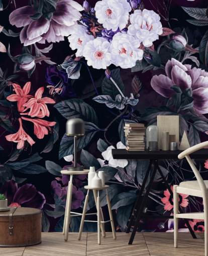 dark purple flowers with white highlights wallpaper