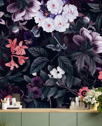 carta da parati con fiori viola scuro con riflessi bianchi