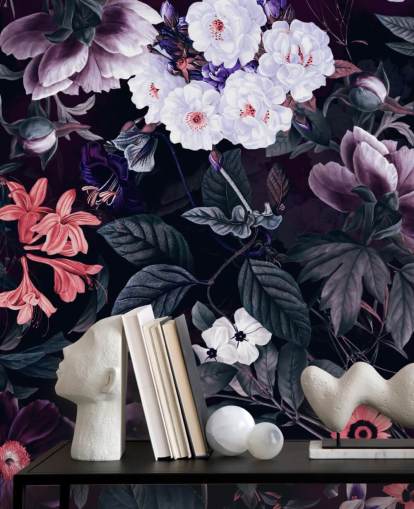 carta da parati con fiori viola scuro con riflessi bianchi