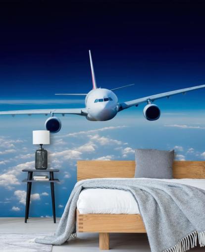 blue and white airplane wallpaper mural called Passenger Airliner for bedrooms and offices