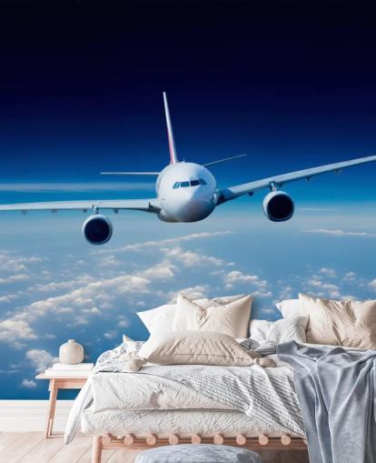 mural de papel pintado de avión azul y blanco llamado Passenger Airliner para dormitorios y oficinas