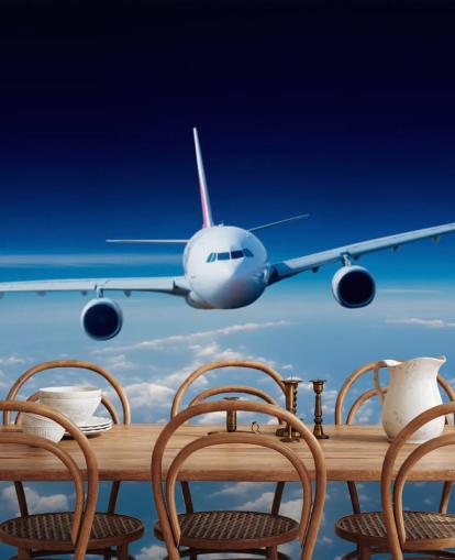 Blau-weiße Flugzeug-Tapete namens Passenger Airliner für Schlafzimmer und Büros