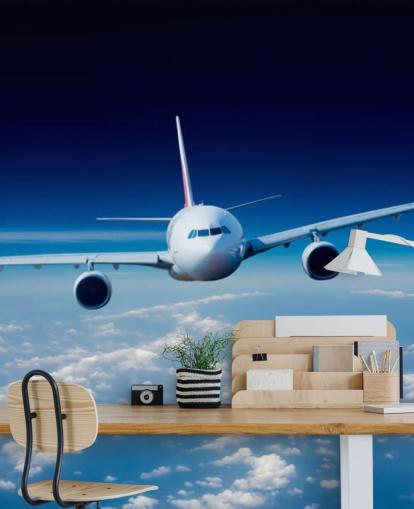 mural de papel de parede de avião azul e branco chamado Passenger Airliner para quartos e escritórios mural de papel de parede de avião azul e branco chamado Passenger Airliner para quartos e escritórios