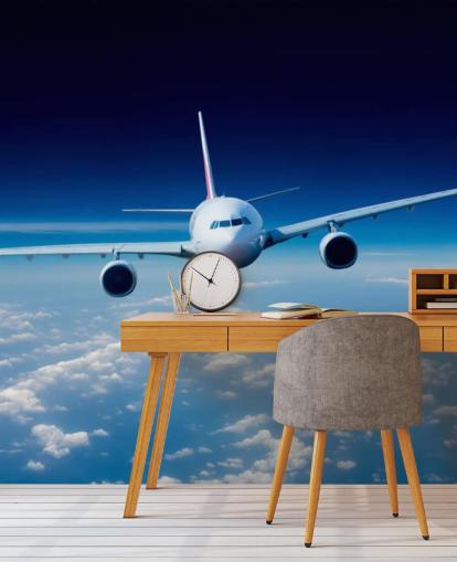 blue and white airplane wallpaper mural called Passenger Airliner for bedrooms and offices