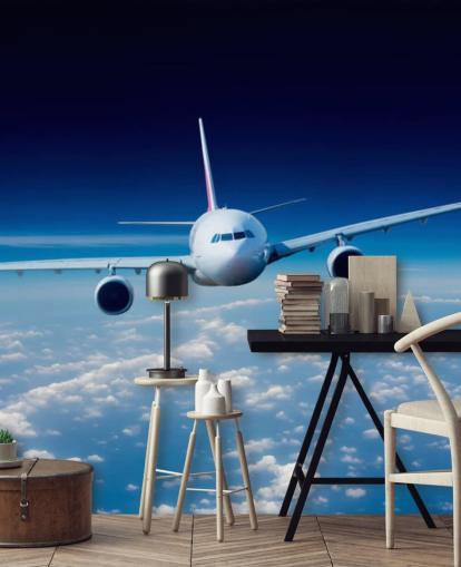 mural de papel pintado de avión azul y blanco llamado Passenger Airliner para dormitorios y oficinas